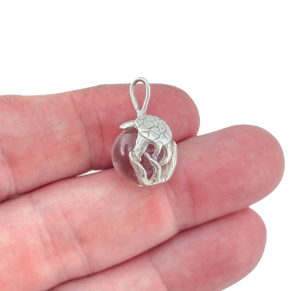 Vintage Sterling Silver 925 Turtle Quartz Marble Pendant
